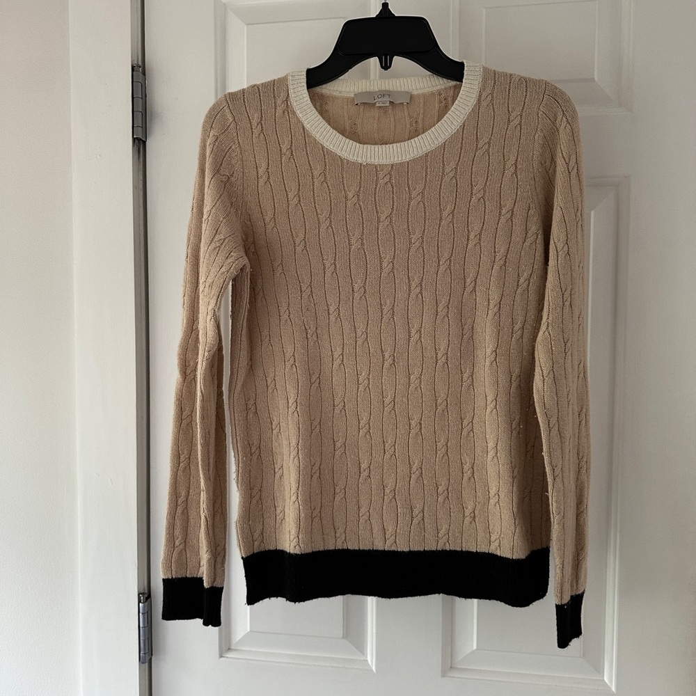 LOFT Tan and Black Crew Neck Sweater with Cable Knit Design